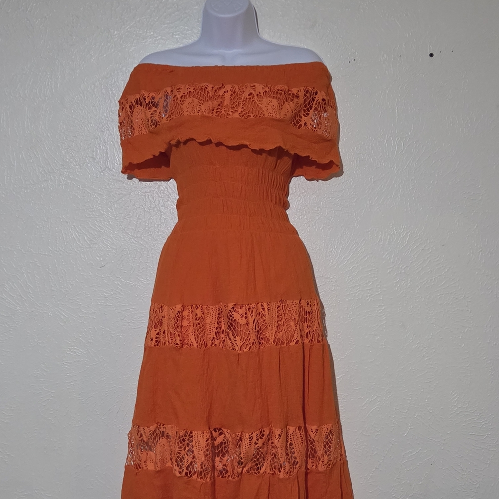 Off-Shoulder Orange Lace Tiered Midi Dress